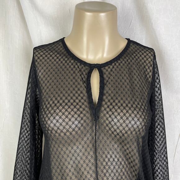 💋 Black Sheer Lattice Crosshatch Lace Bodysuit Long Sleeves Key Hole Forever 21 - Picture 2 of 16